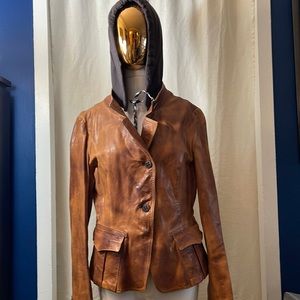 Caramel color Boss tailored leather jacket with detachable hoodie size 6